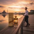 Lattafa Oud Mood by Lattafa 100ml EDP Unisex — A glass perfume bottle with gold cap, wrapped in black ribbon with 'Oud Mood' text, set on a textured surface with a blurred bridge and a man in a suit in the background at night.