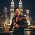 Lattafa Oudain by Lattafa Perfumes 100ml EDP for Men — Man holding a perfume bottle and box in front of the Petronas Twin Towers at night