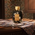 Lattafa Ejaazi — Black perfume bottle with gold cap, white flowers, and vanilla beans on a patterned cloth