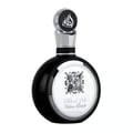 Lattafa Fakhar Silver by Lattafa 100ml EDP Men — Black round bottle with silver emblem and Arabic script on cap