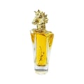 Lattafa Maahir by Lattafa 100ml EDP for Men — Clear glass perfume bottle with golden horse head cap, yellow liquid inside, and Arabic script on the bottle.