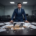 Lattafa Najdia – 100 ml for Men — A man in a blue suit stands behind a desk with a shattered glass perfume bottle, spilled liquid, and scattered papers.