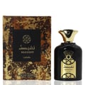 Lattafa Nasheet by Lattafa Perfume 100ml EDP Unisex — Black perfume bottle with gold cap and ornate gold label, next to its matching brown and gold speckled box.
