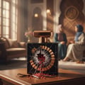 Lattafa Pride Nebras by Lattafa Pride 100ml EDP Women — Black perfume bottle with a cracked glass design revealing red berries and vanilla pods, set on a wooden table with two women in hijabs blurred in the background.