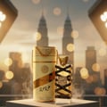 Lattafa Oud Mood by Lattafa 100ml EDP Unisex — Man sitting at a table with a Lattafa Oud Mood perfume bottle and its box, street lights and blurred people in the background at night.