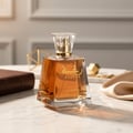 Lattafa Raghba by Lattafa 100ml EDP Unisex — Amber liquid in a faceted glass bottle with a clear faceted cap and gold accents, placed on a marble surface with a brown book and gold geometric decor.