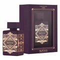 Lattafa Badee Al Oud Amethyst — A purple perfume bottle and its matching box with gold geometric designs are displayed on a