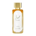 Lattafa Hayaati Gold Elixir — Rectangular glass perfume bottle with golden liquid, white label featuring Arabic script and 'HAYAATI' in gold, 'Lattafa' and 'GOLD ELIXIR' in gold text, topped with a gold cap.