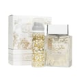 Lattafa Pure Musk by Lattafa (Khalis Musk) 100ml EDP — A gift set featuring a clear glass perfume bottle with gold Arabic script and ornate gold patterns, a matching smaller spray bottle, and a white gift box with gold accents, all on a white background.