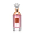 Lattafa Velvet Rose by Lattafa 100ml Unisex — Pink perfume in a fluted glass bottle with a rose gold collar and a clear faceted cap, against a white background.