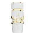 Lattafa Yara Moi by Lattafa 100ml EDP Women — White perfume bottle with gold accents and a gold ribbon detail, featuring Arabic script and the name YARA.