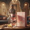 Lattafa Yara by Lattafa 100ml EDP Women — Botol dan kotak minyak wangi merah jambu di atas meja kayu bersama buah vanila dan bunga kuning.