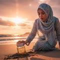 Lattafa Pure Musk by Lattafa (Khalis Musk) 100ml EDP — Woman in hijab kneeling on a sandy beach at sunset, holding a perfume bottle partially buried in the sand.