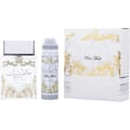 Lattafa Pure Musk by Lattafa (Khalis Musk) 100ml EDP — A white gift set featuring a clear glass perfume bottle with gold ornate details and Arabic script, a matching deodorant spray, and a decorative white box with gold scrollwork.