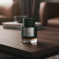 Lattafa Qaaed Intense by Lattafa 100ml EDP — Botol minyak wangi hijau gelap bertekstur dengan label perak tertulis kaligrafi Arab dan teks Inggeris, diletakkan di atas meja kayu dengan latar belakang perabot dan mangkuk yang kabur.