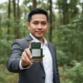 Lattafa Qaaed Intense by Lattafa 100ml EDP — Lelaki berbaju sut memegang botol minyak wangi hijau bertekstur dengan label putih di hutan