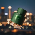 Lattafa Qaaed Al Shabaab by Lattafa 100ml for Men — Green textured perfume bottle with a silver emblem, angled against a blurred city night background with bokeh lights.