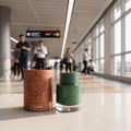 Lattafa Qaaed Al Shabaab by Lattafa 100ml for Men — Green textured perfume bottle and brown cylindrical box with embossed design on a light-colored surface, blurred background of people in a modern transit station.