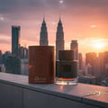Lattafa Qaaed Al Shabaab by Lattafa 100ml for Men — Perfume bottle and its cylindrical case displayed on a ledge with a city skyline and sunset in the background.