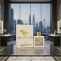 Lattafa Qaed Al Fursan Unlimited by Lattafa 90ml EDP — A white perfume box with a golden horse illustration and a matching white perfume bottle with a gold cap, displayed in a modern retail setting with a city skyline view.