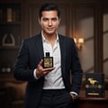 Lattafa Qaed Al Fursan oleh Lattafa 90ml untuk Lelaki — Kotak minyak wangi hitam dengan kuda emas dan tulisan Arab, bersama botol minyak wangi hitam sepadan dengan perincian emas, di atas meja kayu.