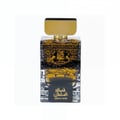 Lattafa Qasaed Al Sultan Lattafa 100ml EDP Men — Clear glass perfume bottle with ornate gold and black Arabic calligraphy and imagery, featuring a prominent gold rectangular cap.