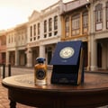 Lattafa Raed Luxe by Lattafa 100ml EDP Unisex — Botol minyak wangi kaca jernih bertudung biru dan berlabel emas diletakkan di atas meja kayu bersebelahan kotak persembahan biru gelap terbuka berbingkai emas, berlatar belakang kedai kedai berwarna-warni.