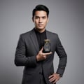 Lattafa Raghba for Men Lattafa 100ml EDP — Man in a grey suit holding a black perfume bottle with a gold cap.