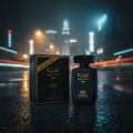 Lattafa Raghba for Men Lattafa 100ml EDP — Black perfume bottle and box set on a wet, reflective street at night with blurred city lights in the background.