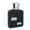 Lattafa Ramz Silver by Lattafa 100ml EDP untuk Lelaki — Botol minyak wangi hitam dengan teks timbul dan penutup perak, berlatar belakang putih.
