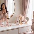 Lattafa Reve Rose VURV By Lattafa 100ml EDP — A woman applying makeup in a mirror with a vanity table filled with makeup and perfume bottles, including the Reve Rose VURV bottle and box, makeup brushes, lipstick, and a small mirror.
