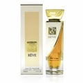 Lattafa Reve Rose VURV By Lattafa 100ml EDP — A white box with a gold rose emblem stands next to a clear glass perfume bottle with gold accents and a golden liquid inside, against a white background.