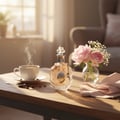Lattafa Rouat Al Musk by Lattafa 100ml for Women — A clear glass perfume bottle with ornate gold detailing sits on a wooden table next to a steaming cup of coffee and a small vase of pink peonies and baby's breath.