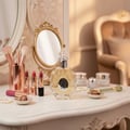 Lattafa Rouat Al Musk by Lattafa 100ml for Women — A decorative perfume bottle with ornate gold detailing sits on a white marble vanity, surrounded by makeup brushes, lipsticks, skincare jars, and a jade roller.