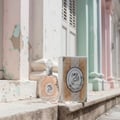 Lattafa Rouat Al Musk by Lattafa 100ml for Women — A clear glass perfume bottle with a decorative silver chain and a light amber liquid, placed next to its matching box on a stone ledge with scattered pink petals.