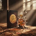 Lattafa Rouat Al Oud by Lattafa 100ml EDP Unisex — A dark brown box with gold Arabic calligraphy and a gold oval emblem stands next to a glass perfume bottle that is exploding into pieces, with dark wood chips and white particles flying outwards, set against a backdrop of sunlight streaming through ornate windows.