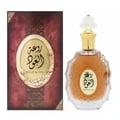 Lattafa Rouat Al Oud — Eau de Parfum bottle and box set, featuring ornate gold detailing and Arabic script on a dark red background.