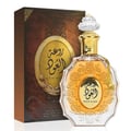 Lattafa Rouat Al Oud by Lattafa 100ml EDP Unisex — Perfume bottle with gold accents and Arabic calligraphy, next to its brown patterned box.