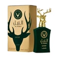 Lattafa Safeer by Lattafa Al Noble 100ml EDP — Green velvet perfume bottle with a gold deer head cap, next to its gold box with a deer silhouette.