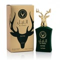 Lattafa Safeer by Lattafa Al Noble 100ml EDP — Green velvet bottle with gold deer head cap, next to its gold and dark green box featuring a deer silhouette.