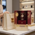 Lattafa Sakeena by Lattafa 100ml EDP Women — Red velvet perfume box with gold sunburst design, featuring a red and gold ornate bottle, presented with a cream gift bag and a smaller beige box.