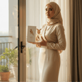 Lattafa Pride Shaheen Gold by Lattafa Perfumes Unisex 100 ml — Woman in a beige hijab and dress holding a white perfume box and bottle with a gold falcon emblem.
