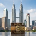 Lattafa Sheikh Al Shuyukh Concentrated — A brown and gold patterned box of Lattafa Sheikh Al Shuyukh Concentrated perfume is placed in front of the Petronas Twin Towers in Kuala Lumpur.