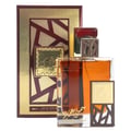 Lattafa Simply Oud by Lattafa 100ml EDP for Men — A rectangular glass perfume bottle with amber liquid, featuring a decorative wooden and gold accent on the side and a metallic red and wood cap, placed next to its matching maroon and gold patterned box.