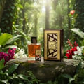 Lattafa Simply Oud by Lattafa 100ml EDP for Men — Amber glass perfume bottle and its gold-accented box displayed on a mossy rock amidst lush green foliage and vibrant flowers.