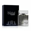 Lattafa Suqraat by Lattafa 100ml EDP Men — Black box with Arabic script and 'SUQRAAT' text, next to a clear glass perfume bottle with a silver patterned design and a silver cap.