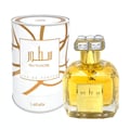 Lattafa Sutoor 100ml EDP for Women — Gold-capped perfume bottle with crystal accents next to its white and gold patterned cylindrical box, both featuring Arabic script and 'SUTOOR' branding.