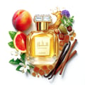 Lattafa Sutoor 100ml EDP for Women by Lattafa Perfumes — A golden perfume bottle surrounded by ingredients like peach, grapefruit, vanilla pods, cinnamon sticks, and amber cubes.