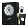 Lattafa Taweel 100ml EDP Unisex — Black box with silver deer emblem and ornate border, next to a clear glass perfume bottle with black textured panel and silver cap.