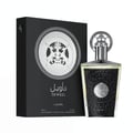 Lattafa Taweel by Lattafa 100ml EDP Unisex — Black box with silver emblem and deer motif, alongside a clear glass perfume bottle with a textured black bottle and ornate silver cap.